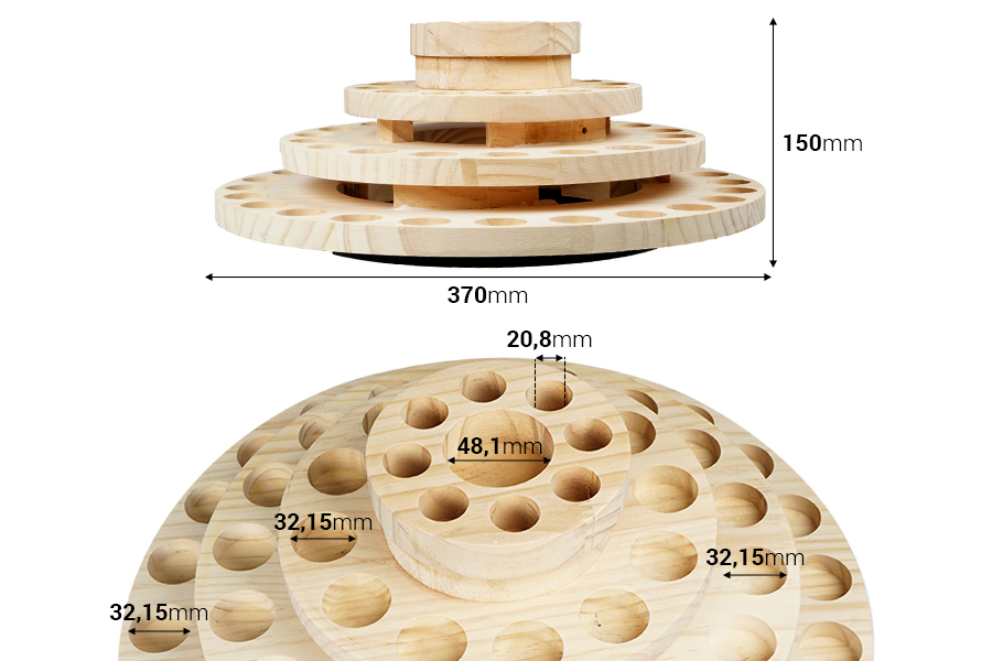 Дървена поставка с въртяща се основа за бутилки за етерично масло - 4 нива-изображение_размери