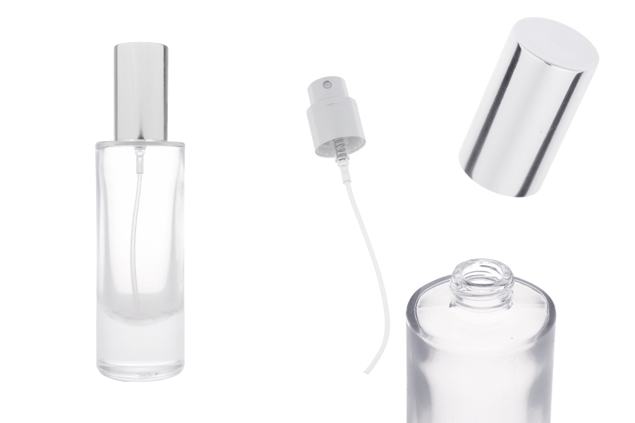 Прозрачна стъклена бутилка за парфюм от 30 мл със сребърна алуминиева спрей помпа и капачка-изображение_продукт