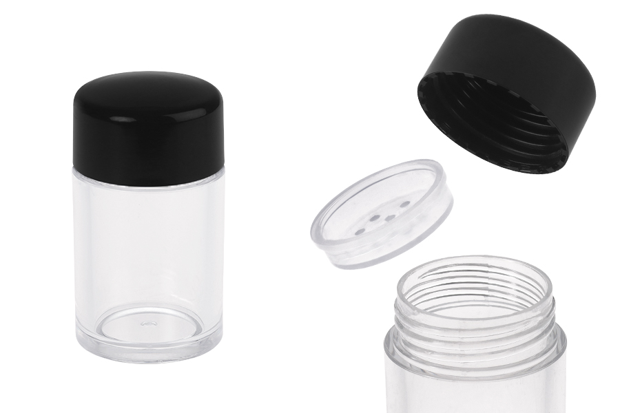 Пластмасов акрилен буркан 10 мл с капачка с дупка за пудра или друга козметика 12 бр. Пластмасов акрилен буркан 10 мл с капачка с дупка за пудра или друга козметика 12 бр.-изображение_продукт
