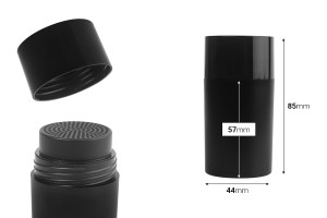 Черна пластмасова бутилка 15 мл (44x85 мм) с капачка с дупки за прахообразни продукти-изображение_размери