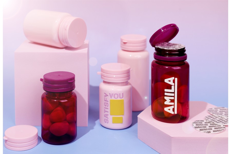 Пластмасов лилав PET буркан 100 мл за хапчета или капсули с предпазна капачка и уплътнител -изображение_група