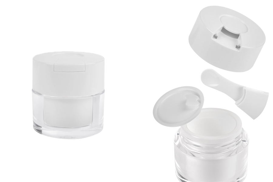 Акрилен пластмасов буркан 15 мл с бяла капачка, шпатула и пластмасово уплътнение-изображение_продукт