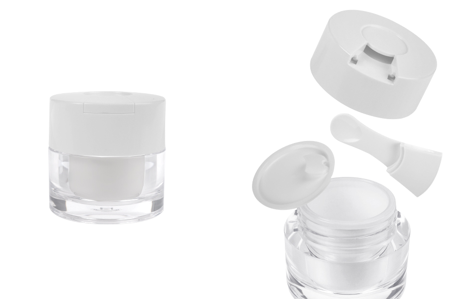 Акрилен пластмасов буркан 30 мл с бяла капачка, шпатула и пластмасово уплътнение-изображение_продукт