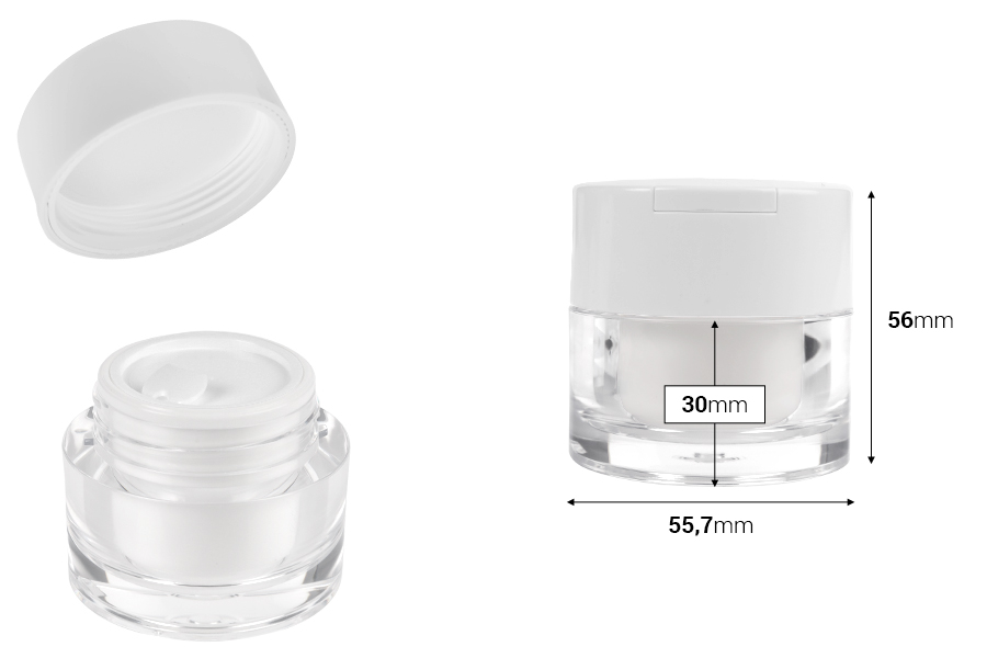 Акрилен пластмасов буркан 30 мл с бяла капачка, шпатула и пластмасово уплътнение-изображение_размери