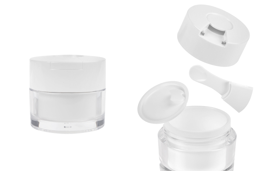 Акрилен пластмасов буркан 50 мл с бяла капачка, шпатула и пластмасово уплътнение-изображение_продукт