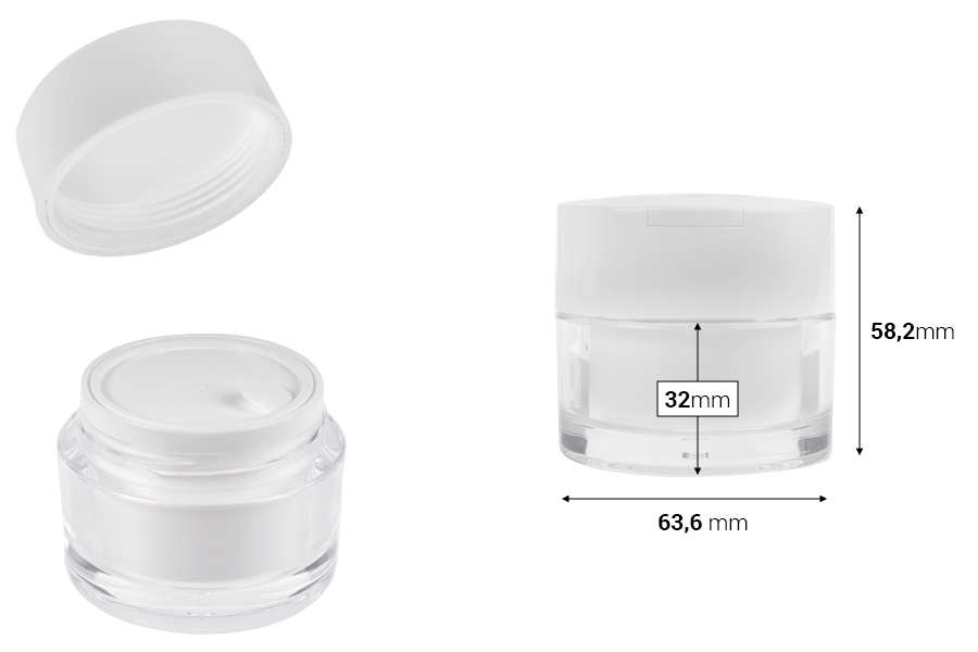 Акрилен пластмасов буркан 50 мл с бяла капачка, шпатула и пластмасово уплътнение-изображение_размери