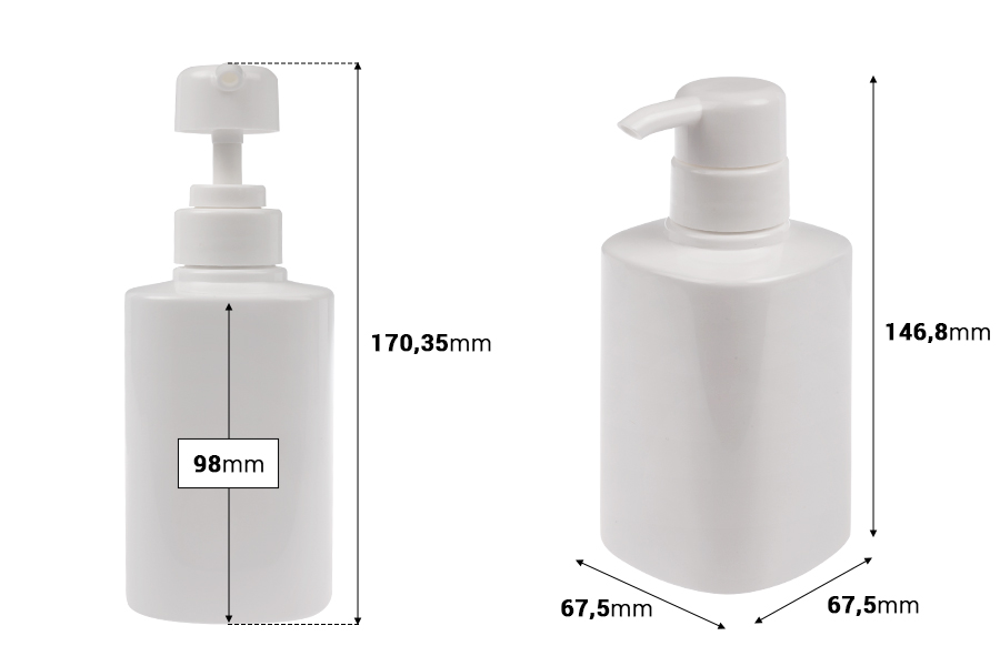 Пластмасова 300 мл PET бутилка в бял цвят с помпа (PP32)-изображение_размери