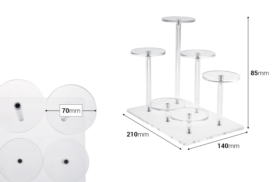 Прозрачна акрилна стойка за продукти 210x140x85 мм (диаметър на всяка основа 70 мм) - 6 позиции(основи)-изображение_размери
