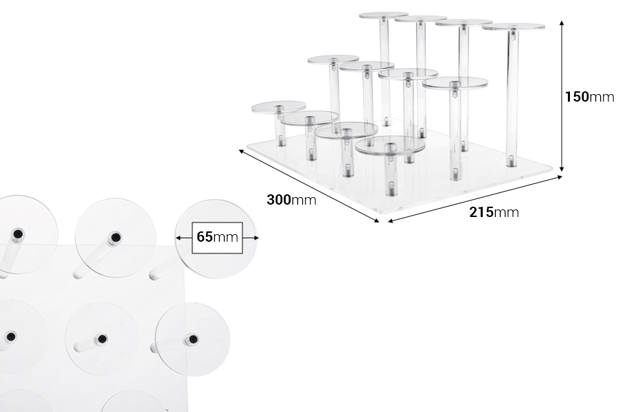 Прозрачна акрилна стойка за продукти 300x215x150 мм (диаметър на всяка основа 65 мм) - 12 позиции-изображение_размери