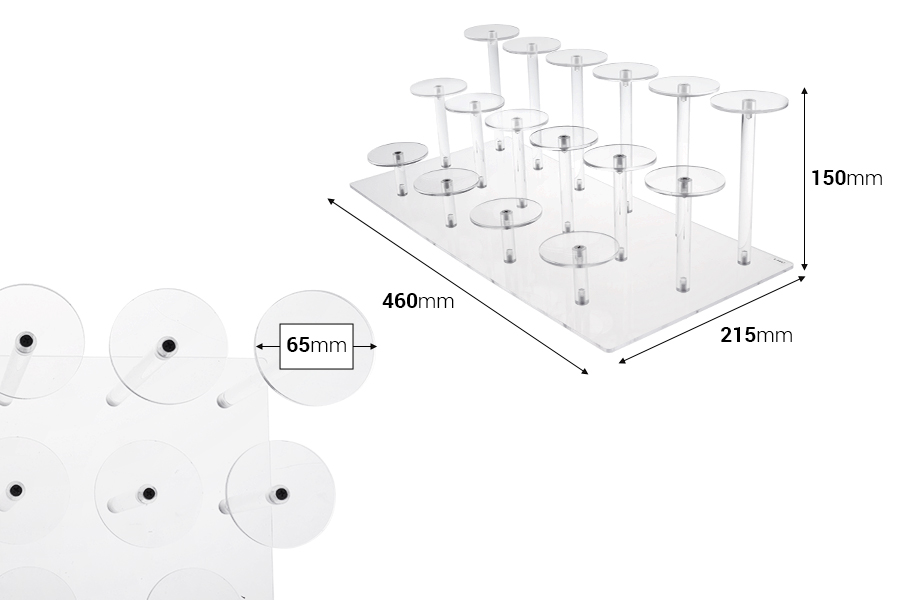 Прозрачна акрилна стойка за продукти 460x215x150 мм (диаметър на всяка основа 65 мм) - 16 позиции-изображение_размери