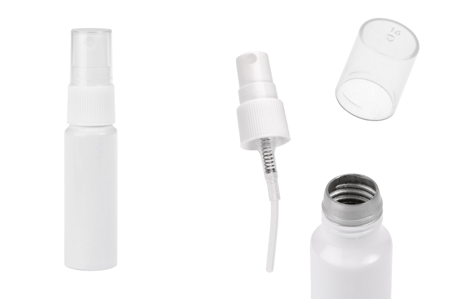 Бяла алуминиева бутилка 15 мл с бяла пластмасова спрей помпа -изображение_продукт
