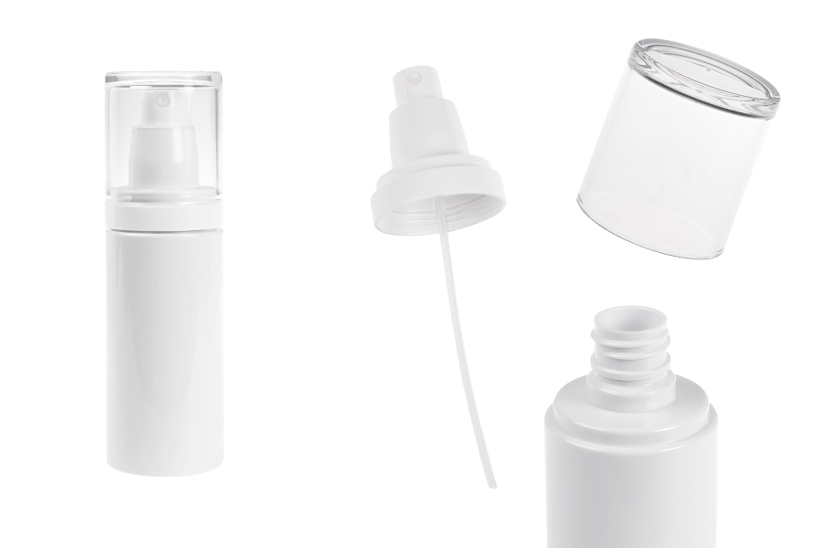 Пластмасова (PET) бяла бутилка 100 мл със спрей помпа и прозрачна капачка-изображение_продукт