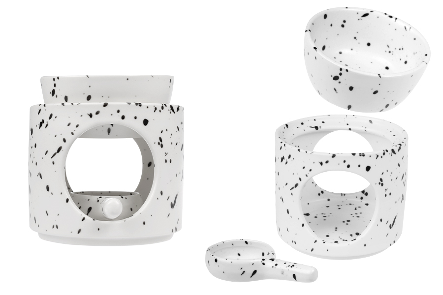 Керамичен арома дифузер за свещи  95x100 мм с керамична лъжичка в бяло-черно-изображение_продукт