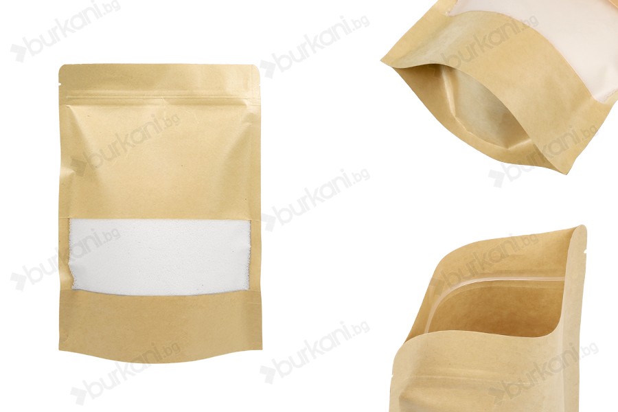 Крафт опаковка тип Doy Pack  180x50x260 mm, с цип  "zip" με и прозорец, размери  - 100 броя-изображение_продукт