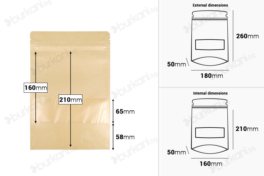 Крафт опаковка тип Doy Pack  180x50x260 mm, с цип  "zip" με и прозорец, размери  - 100 броя-изображение_размери