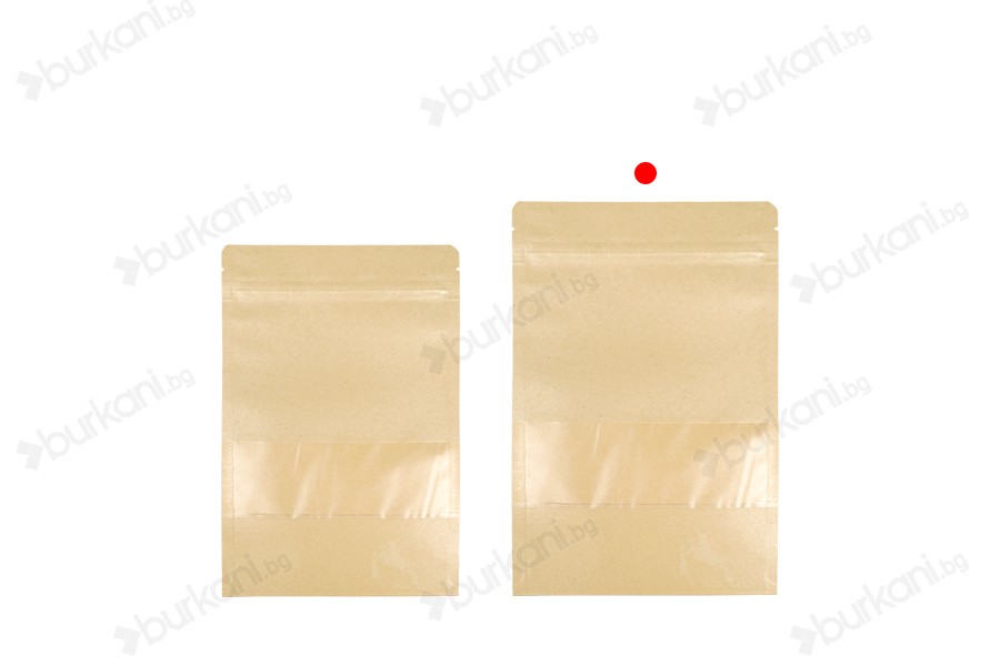 Крафт опаковка тип Doy Pack  180x50x260 mm, с цип  "zip" με и прозорец, размери  - 100 броя-изображение_група