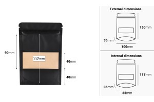 Крафт опаковка тип  Doy Pack, с "цип"  с размери 100x35x150 mm, с прозорец и възможност за термозапечатване - 100 бр.-изображение_размери