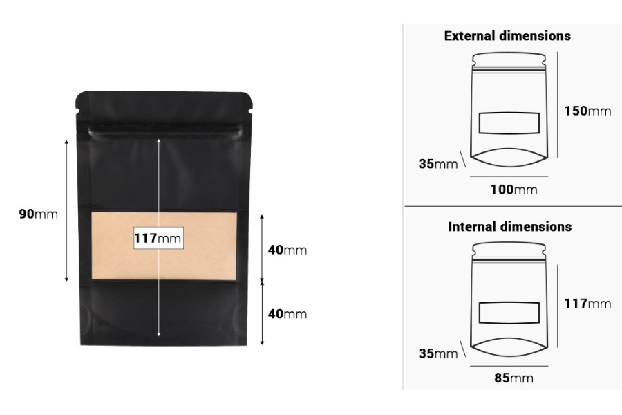 Крафт опаковка тип  Doy Pack, с "цип"  с размери 100x35x150 mm, с прозорец и възможност за термозапечатване - 100 бр.-изображение_размери