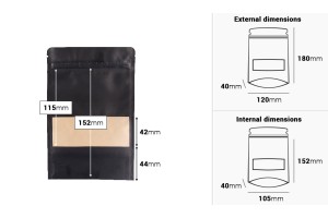 Крафт опаковки тип DOY PACK с размери 120x40x180 mm, с "цип" и прозорец, с възможност за термозапечатване - 100 бр.-изображение_размери