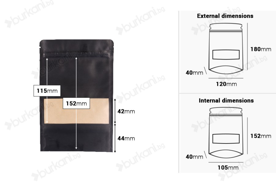 Крафт опаковки тип DOY PACK с размери 120x40x180 mm, с "цип" и прозорец, с възможност за термозапечатване - 100 бр.-изображение_размери