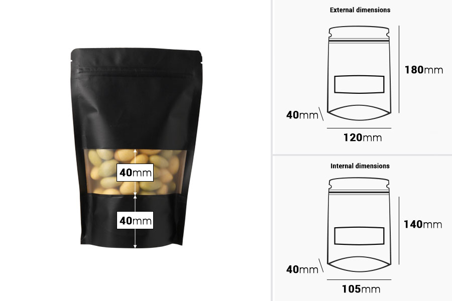 Крафт опаковки тип DOY PACK с размери 120x40x180 mm, с "цип" и прозорец, с възможност за термозапечатване - 100 бр.-изображение_размери