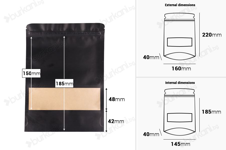 Крафт опаковка тип DOY PACK с размери 160x40x220 mm, с "цип" и с възможност за термозапечатване - 100 бр.-изображение_размери