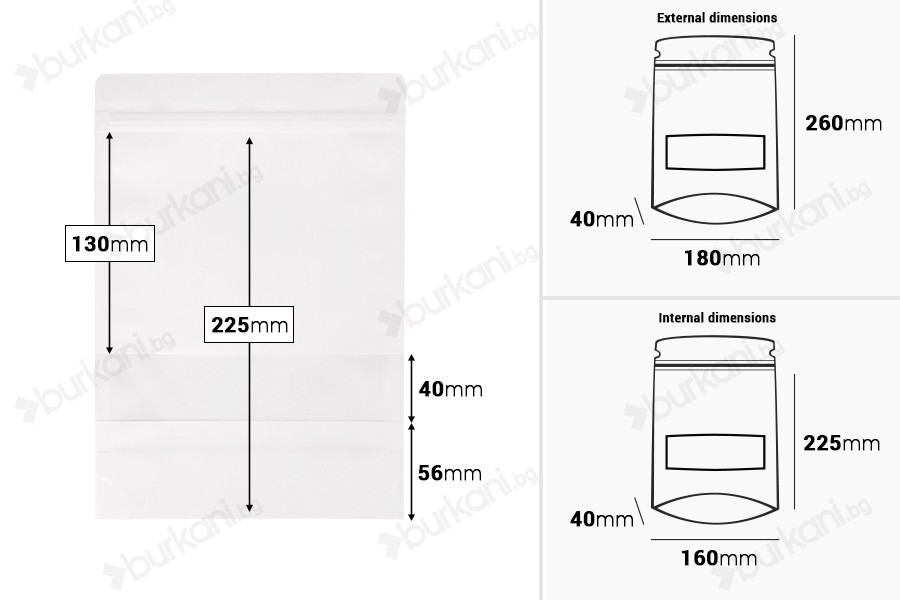Бели Крафт Пликове ДОЙ ПАК  180x40x260 mm - 100 бр.-изображение_размери