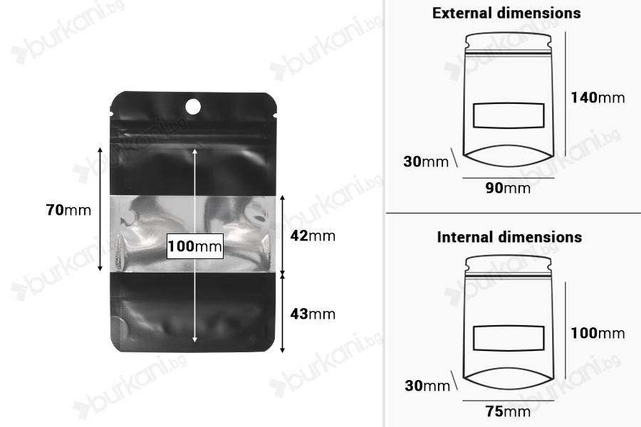 Алуминиеви торбички тип ДОЙ ПАК с размер 90x30x140 mm, с цип затваряне и възможност за термозапечатване- 100 бр./пакет-изображение_размери