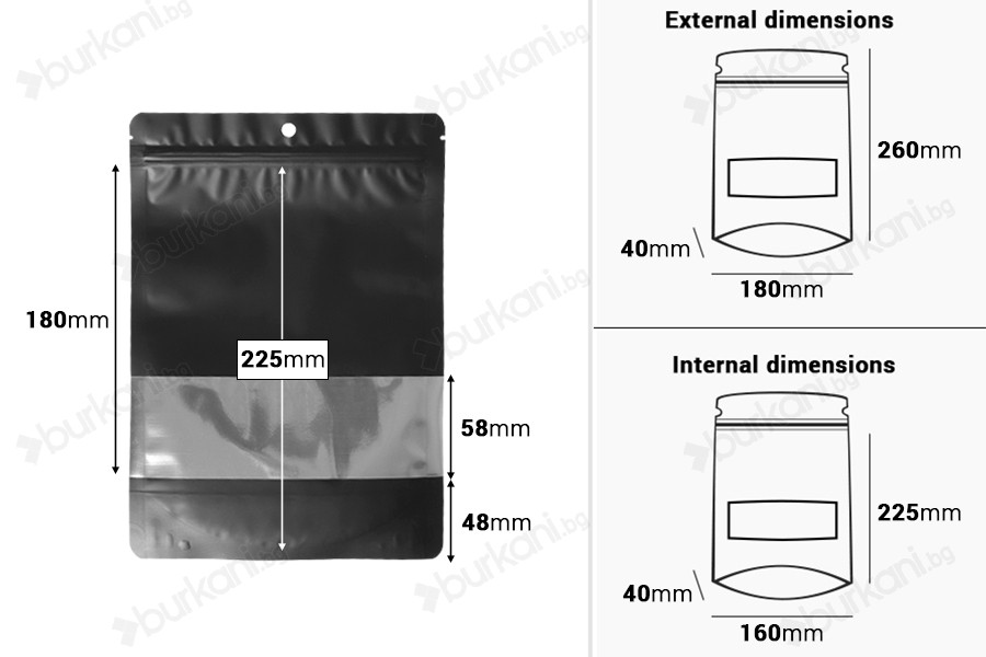 Алуминиеви торбички тип Дой Пак с размер 180x40x260 mm, с цип затваряне и възможност за термозапечатване - 100 бр./пакет-изображение_размери