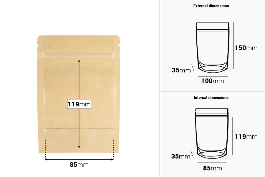 Торбички тип Doy Pack 100x35x150 мм крафт гръб (14c), прозрачна предна част (8c) със закопчаване "цип" и възможност за запечатване с термозапечатване - 100 бр.-изображение_размери