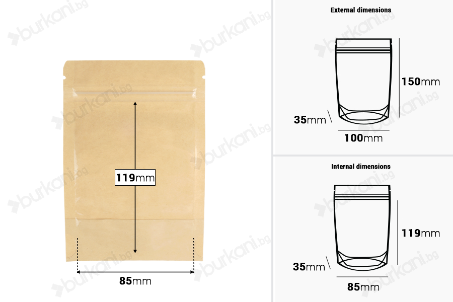 Торбички тип Doy Pack 100x35x150 мм крафт гръб (14c), прозрачна предна част (8c) със закопчаване "цип" и възможност за запечатване с термозапечатване - 100 бр.-изображение_размери