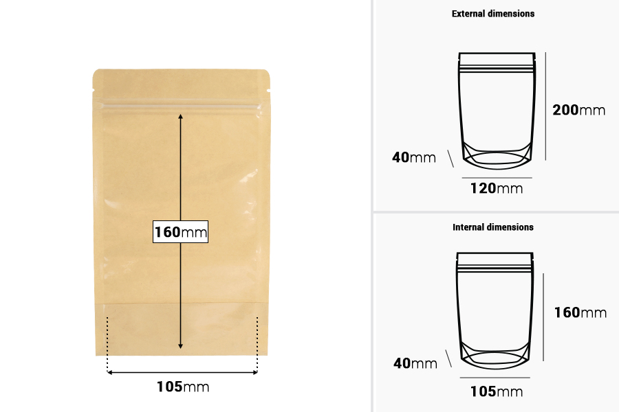 Торбички Doy Pack 120x40x200 mm  крафт гръб (14c), прозрачна предна част (8c) със закопчаване "цип" и възможност за запечатване с термозапечатване - 100 бр.-изображение_размери