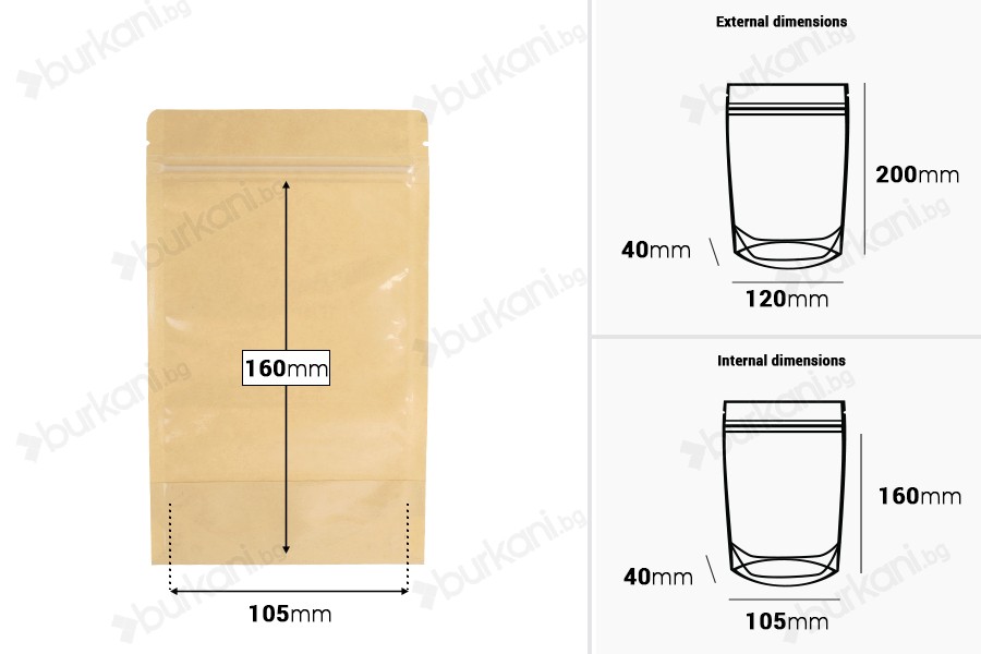 Торбички Doy Pack 120x40x200 mm  крафт гръб (14c), прозрачна предна част (8c) със закопчаване "цип" и възможност за запечатване с термозапечатване - 100 бр.-изображение_размери