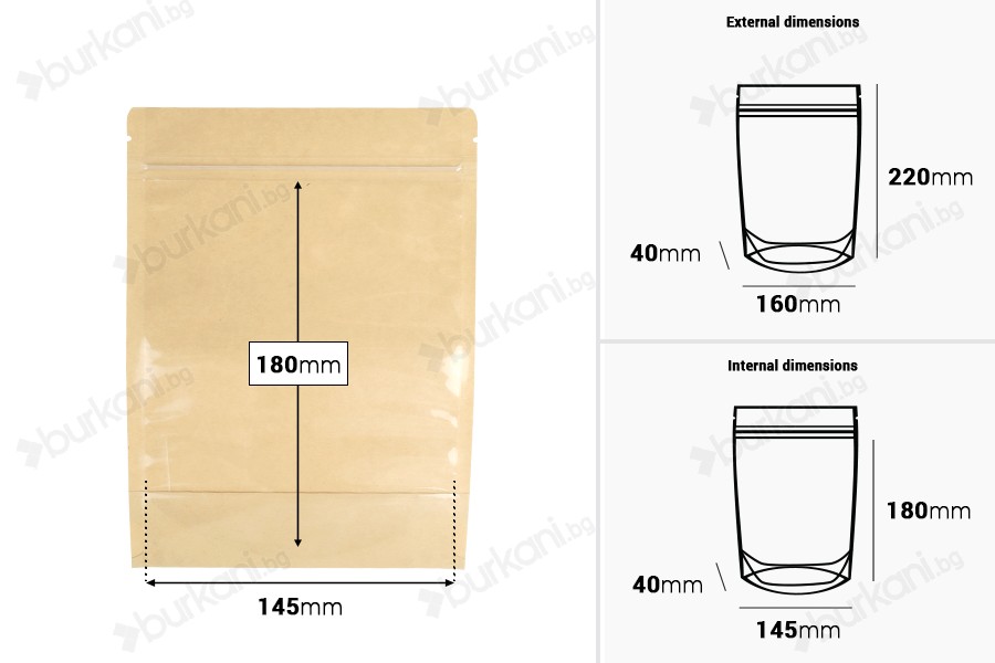 Торбички Doy Pack 160x40x220 мм крафт гръб (14c), прозрачна предна част (8c) със закопчаване "цип" и възможност за запечатване с термозапечатване - 100 бр.-изображение_размери