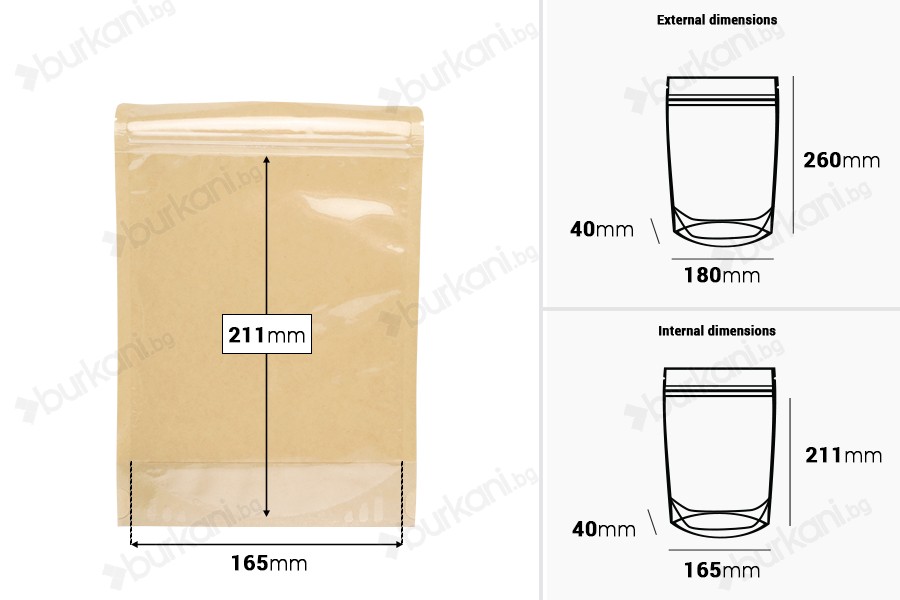 Торбички Doy Pack 180x40x260 мм крафт гръб (14c), прозрачна предна част (8c) със закопчаване "цип" и възможност за запечатване с термозапечатване - 100 бр.-изображение_размери