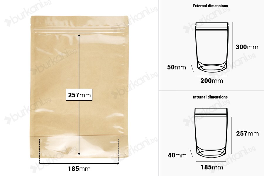 Торбички Doy Pack 200x50x300 мм крафт гръб (14c), прозрачна предна част (8c) със закопчаване "цип" и възможност за запечатване с термозапечатване - 100 бр.-изображение_размери