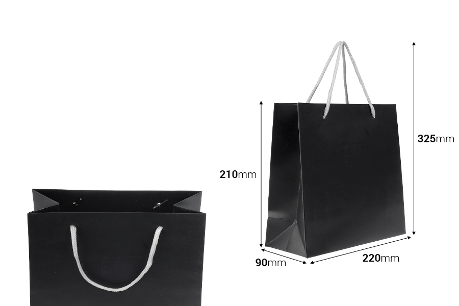 Черна лъскава подаръчна торбичка със сребриста усукана въжена дръжка с размер 220x90x210-изображение_размери