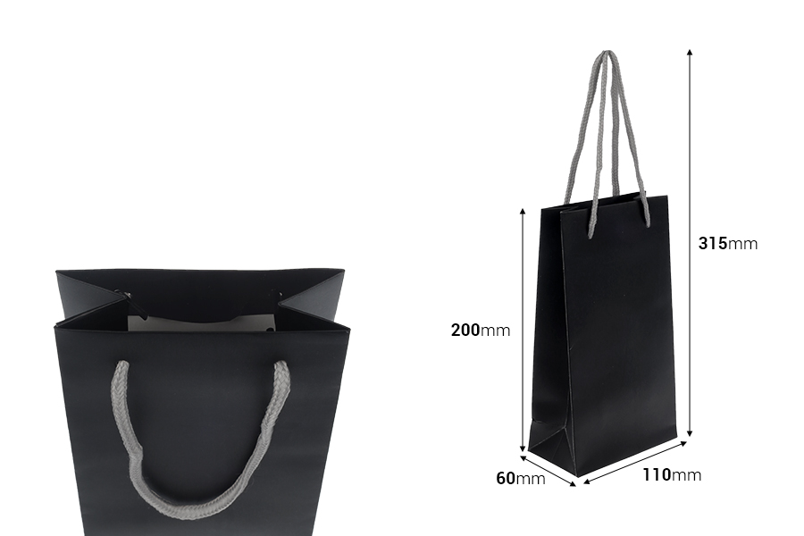Подаръчна торбичка 110x60x200 мм в черен MAT със сив памучен шнур - 20 бр.-изображение_размери