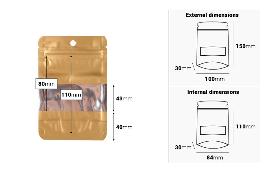 Алуминиеви торбички тип Doy Pack 100x30x150 mm с "цип" затваряне, прозорец и възможност за  термозапечатване  - 100 бр.-изображение_размери