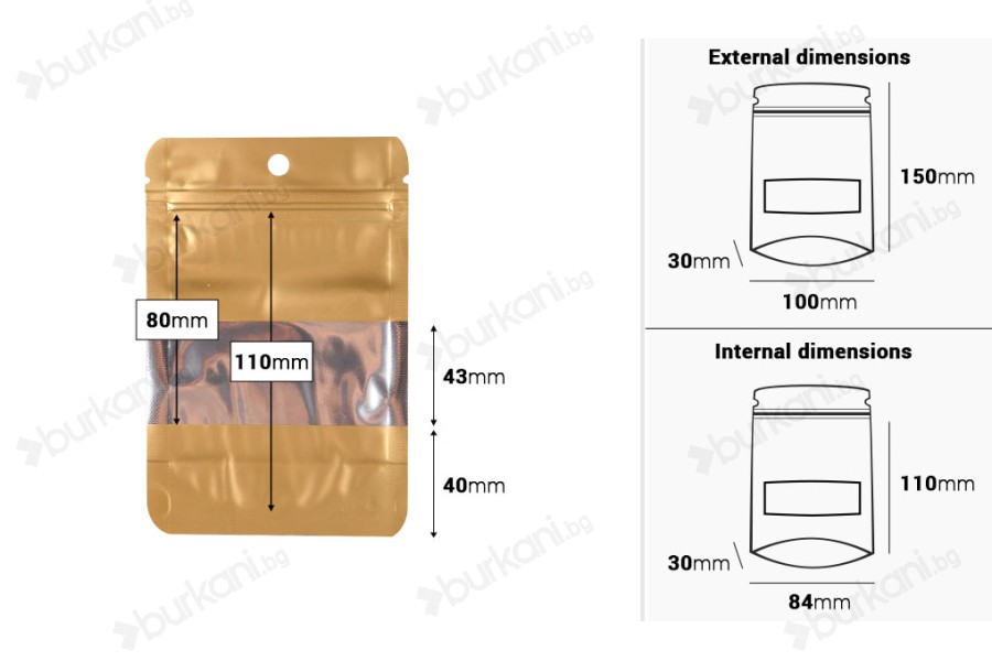 Алуминиеви торбички тип Doy Pack 100x30x150 mm с "цип" затваряне, прозорец и възможност за  термозапечатване  - 100 бр.-изображение_размери