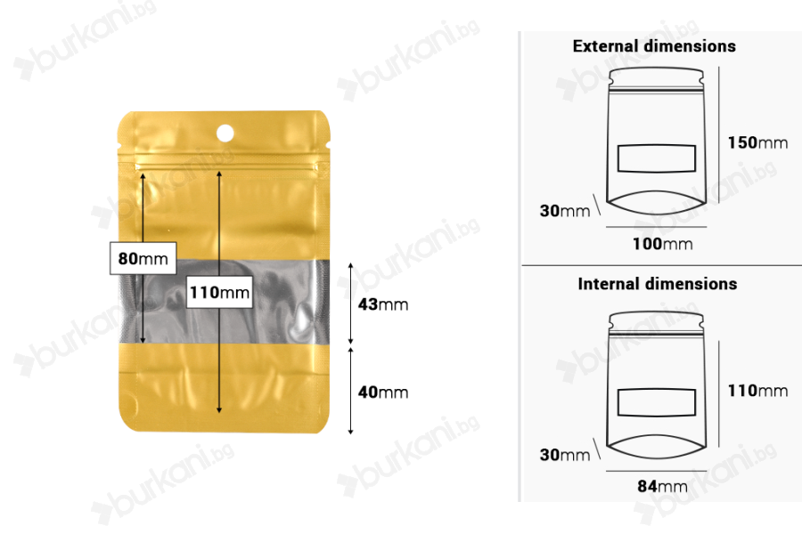 Алуминиеви торбички тип Doy Pack 100x30x150 mm с "цип" затваряне, прозорец и възможност за  термозапечатване  - 100 бр.-изображение_размери