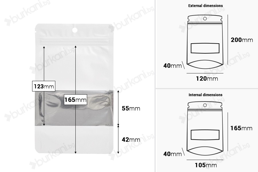 Алуминиеви торбички тип Doy Pack 120x40x200 мм с "цип" затваряне, прозорец и  възможност за термозапечатване - 100 бр.-изображение_размери