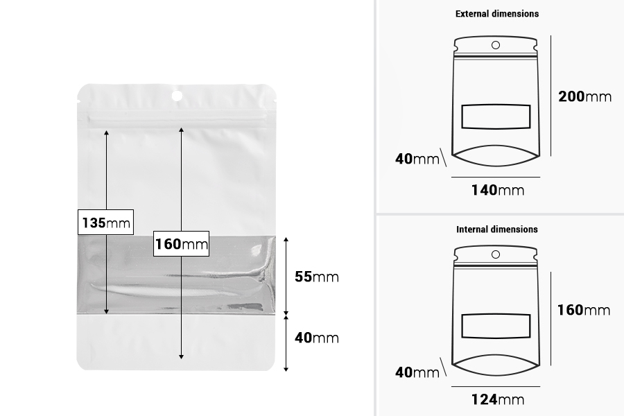 Алуминиеви торбички тип  Doy Pack 140x40x200 mm с цип, прозорец  - 100 бр.-изображение_размери