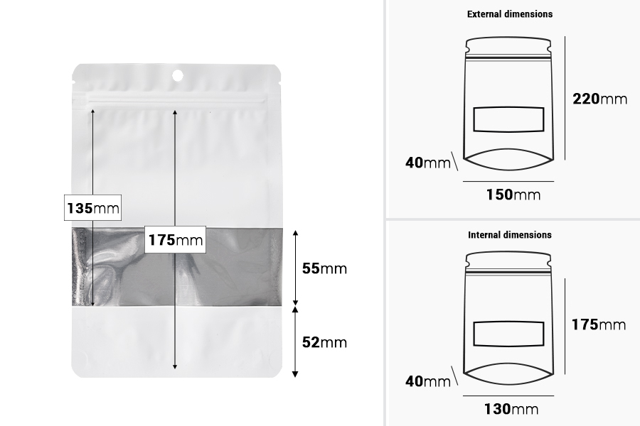 Алуминиеви торбички тип Doy Pack 150x40x220 mm с цип, прозорец и термозапечатване - 100 бр.-изображение_размери