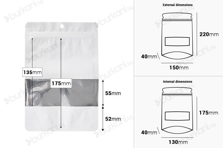 Алуминиеви торбички тип Doy Pack 150x40x220 mm с цип, прозорец и термозапечатване - 100 бр.-изображение_размери