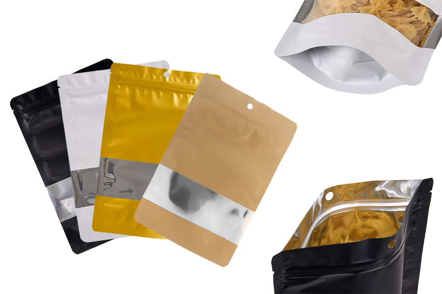 Алуминиеви торбички тип  Doy Pack с размери 160x40x240 mm с цип, прозорец и термозаваряване - 100 бр. Алуминиеви торбички тип  Doy Pack с размери 160x40x240 mm с цип, прозорец и термозаваряване - 100 бр.