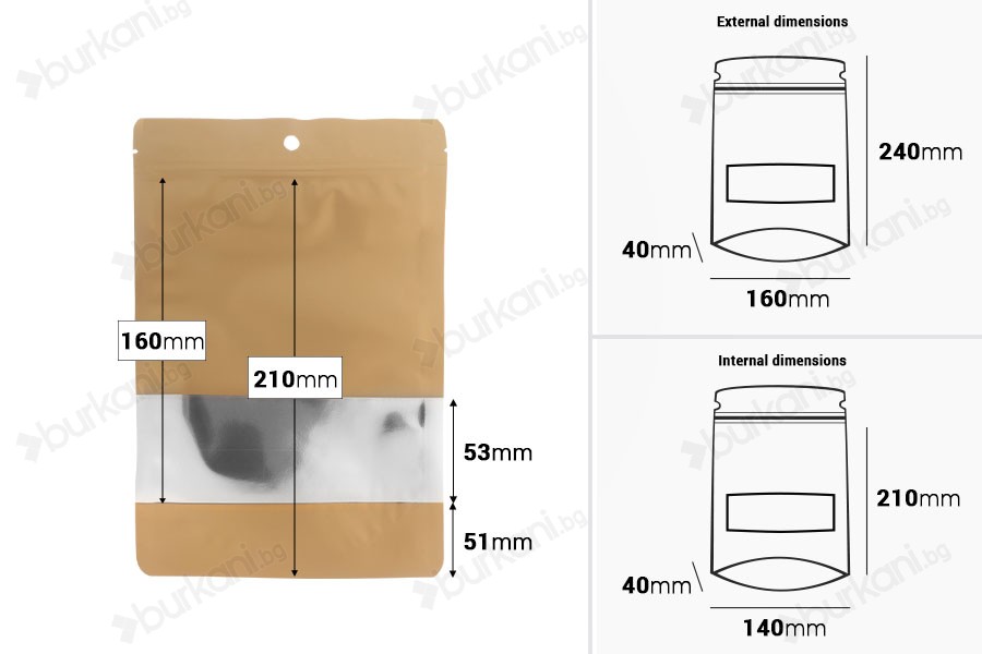 Алуминиеви торбички тип  Doy Pack с размери 160x40x240 mm с цип, прозорец и термозаваряване - 100 бр.-изображение_размери