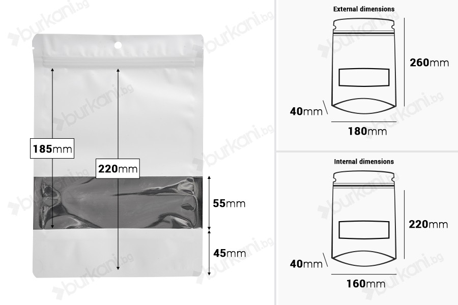 Алуминиеви торбички тип  Doy Pack 180x40x260 мм с цип, прозорец и възможност за термозапечатване - 100 бр.-изображение_размери