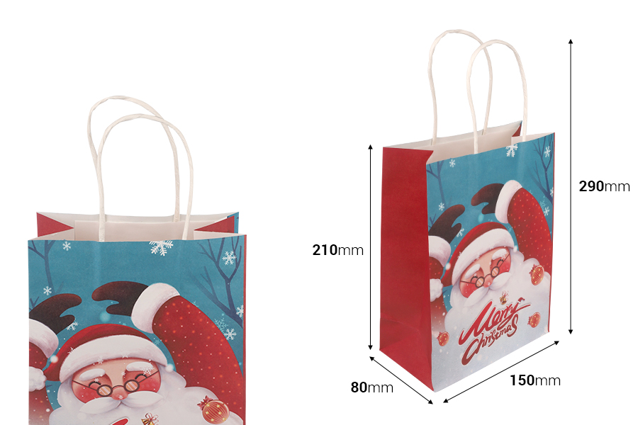 Коледни хартиени подаръчни торбички 150x80x210 мм с дръжка - 12 бр.-изображение_размери