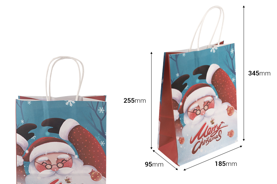 Коледни хартиени подаръчни торбички 185x95x255 мм с дръжка - 12 бр.-изображение_размери